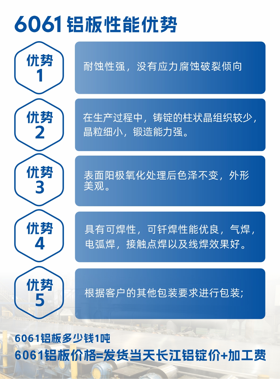 明泰鋁業6061鋁板性能優勢

　　1、耐蝕性強，沒有應力腐蝕破裂傾向。

　　2、在生產過程中，鑄錠的柱狀晶組織較少，晶粒細小，鍛造能力強。

　　3、表面陽極氧化處理后色澤不變，外形美觀。

4、具有可焊性，可釬焊性能優良，氣焊，電弧焊，接觸點焊以及線焊效果好。
